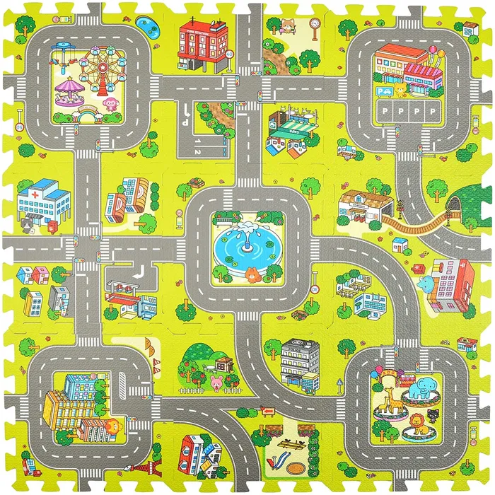 Covoras de joaca puzzle cu pista si animale